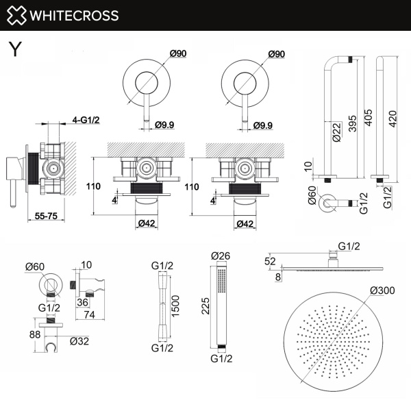 Душевой комплект с тропическим душем WHITECROSS Y WTCR97GLB золото брашированное