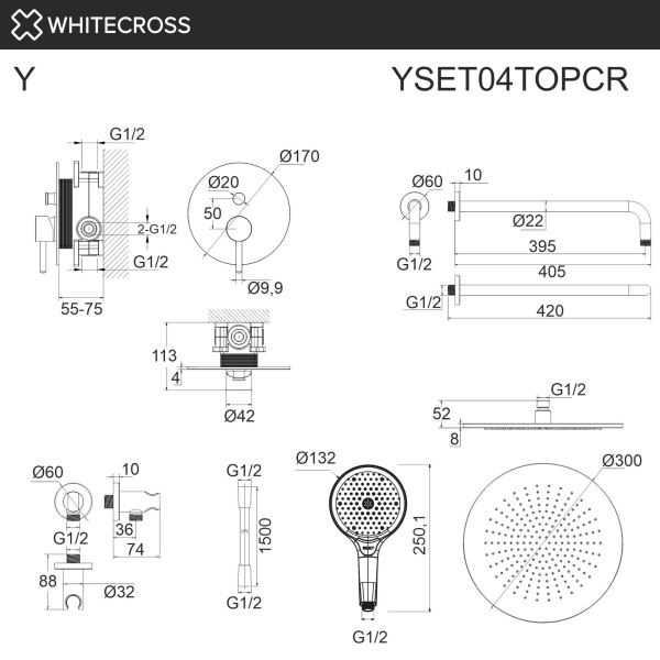 Душевой комплект с ручным и тропическим душем WHITECROSS Y YSET04TOPCR хром