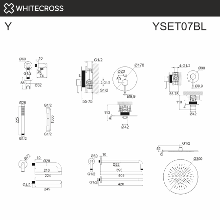 Душевой комплект с тропическим душем и изливом WHITECROSS Y YSET07BL черный матовый