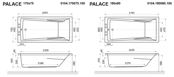 Акриловая ванна WHITECROSS Palace "LINE" 0104.180080.100.LINE.BR 180х80 белая глянцевая/бронза