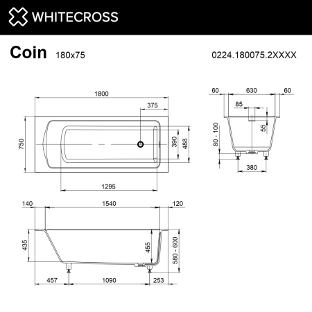Ванна из искуственного камня WHITECROSSCoin 0224.180075.2XXXX 180х75 RAL матовый