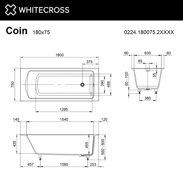 Ванна из искуственного камня WHITECROSSCoin 0224.180075.2XXXX 180х75 RAL матовый