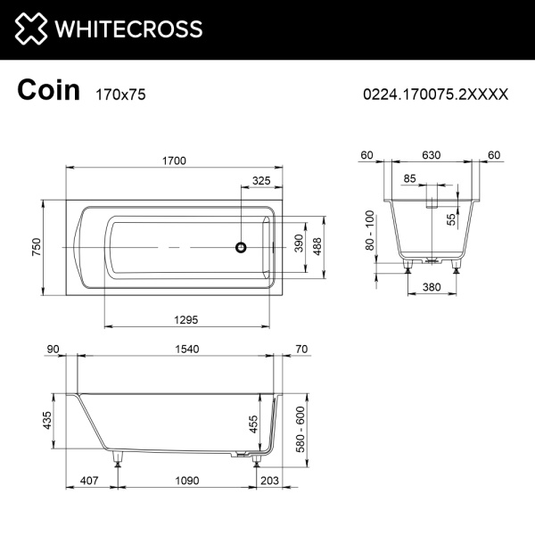 Ванна из искуственного камня WHITECROSSCoin 0224.170075.2XXXX 170х75 RAL матовый