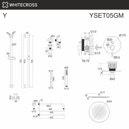 Душевой комплект с ручным и тропическим душем WHITECROSS Y YSET05GM графит