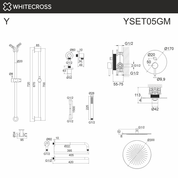 Душевой комплект с ручным и тропическим душем WHITECROSS Y YSET05GM графит