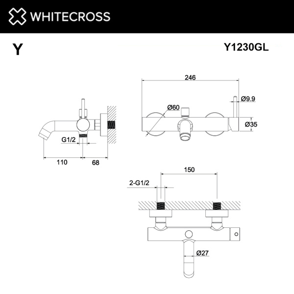 Смеситель для ванны и душа WHITECROSS Y Y1230GLB золото брашированное