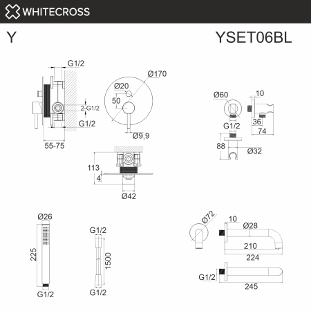 Душевой комплект с изливом и ручным душем WHITECROSS Y YSET06BL черный матовый