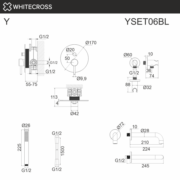 Душевой комплект с изливом и ручным душем WHITECROSS Y YSET06BL черный матовый