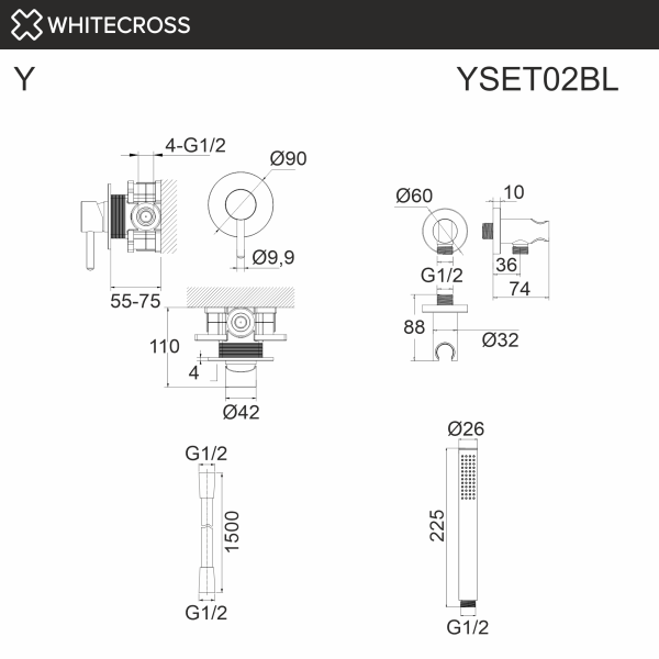 Душевой комплект с ручным душем WHITECROSS Y YSET02BL черный матовый