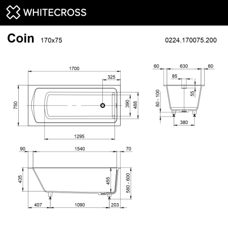 Ванна из искуственного камня WHITECROSS Coin 0224.170075.200 170х75 белый матовый