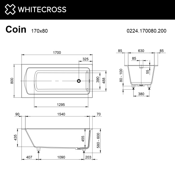 Ванна из искуственного камня WHITECROSS Coin 0224.170080.200 170х80 белый матовый