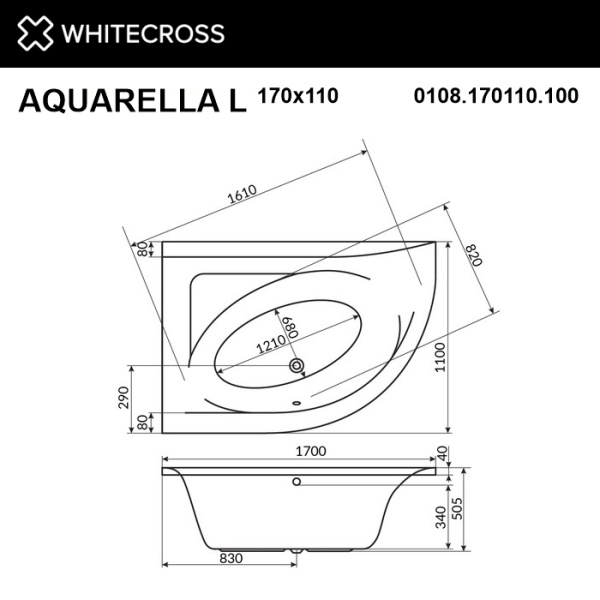 Ванна гидромассажная акриловая WHITECROSS Aquarella "NANO" 0108.170110.100.NANO.GL 170х110 левая белая глянецевая/золото