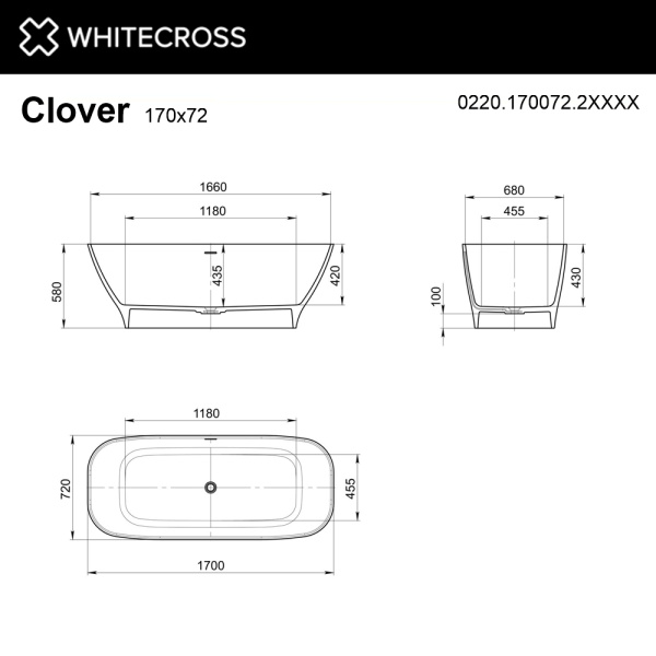 Ванна из искуственного камня WHITECROSS Clover 0220.170072.2XXXX 170х72 RAL матовый