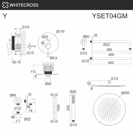 Душевой комплект с ручным и тропическим душем WHITECROSS Y YSET04GM графит