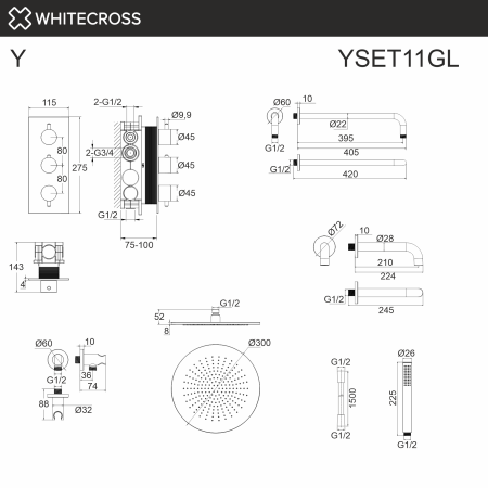 Душевой комплект с термостатом и изливом WHITECROSS Y YSET11GL золото гленцевое