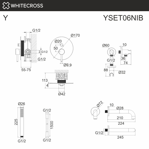 Душевой комплект с изливом и ручным душем WHITECROSS Y YSET06NIB никель брашированный
