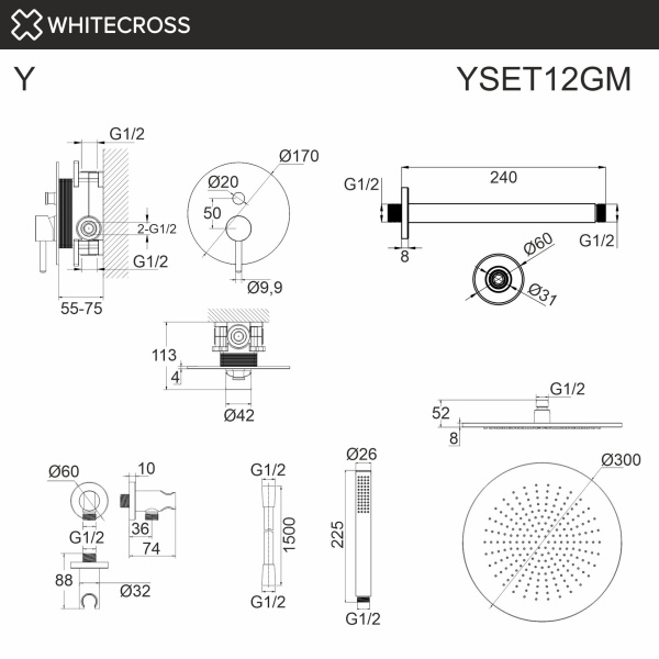 Душевой комплект с потолочным тропическим душем WHITECROSS Y YSET12GM графит