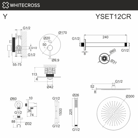 Душевой комплект с потолочным тропическим душем WHITECROSS Y YSET12CR хром