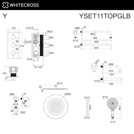 Душевой комплект с термостатом и изливом WHITECROSS Y YSET11TOPGLB золото брашированное