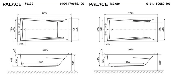 Акриловая ванна WHITECROSS Palace "NANO" 0104.170075.100.NANO.CR 170х75 белая глянецевая/хром