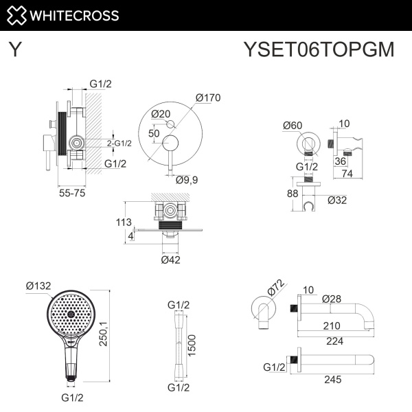 Душевой комплект с изливом WHITECROSS Y YSET06TOPGM графит