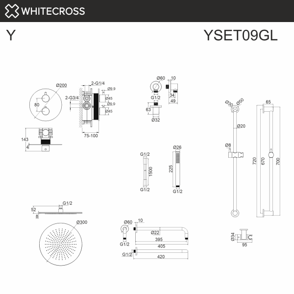 Душевой комплект с термостатом и тропическим душем WHITECROSS Y YSET09GL золото гленцевое