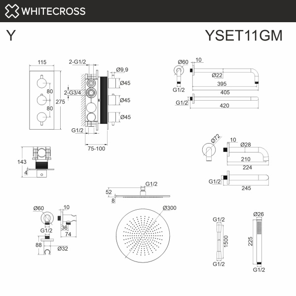 Душевой комплект с термостатом и изливом WHITECROSS Y YSET11GM графит