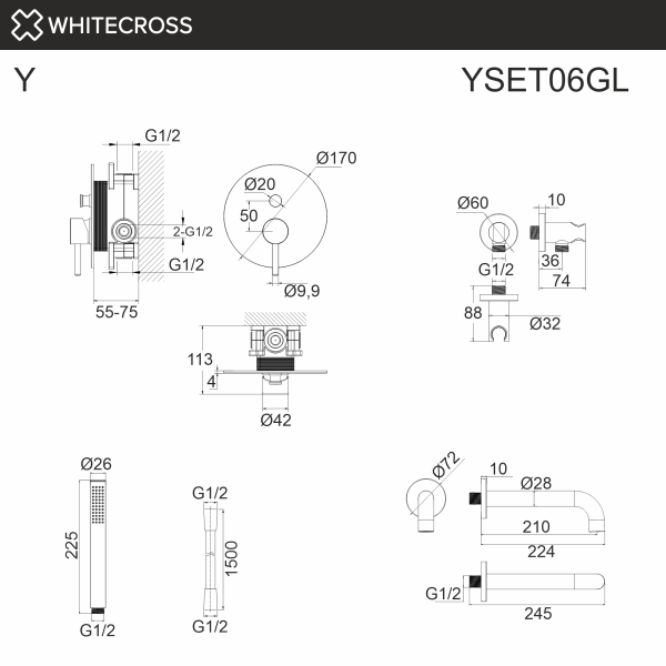 Душевой комплект с изливом и ручным душем WHITECROSS Y YSET06GL золото гленцевое