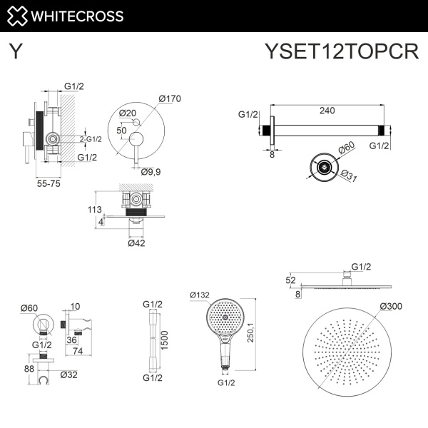 Душевой комплект с ручным и тропическим душем WHITECROSS Y YSET12TOPCR хром