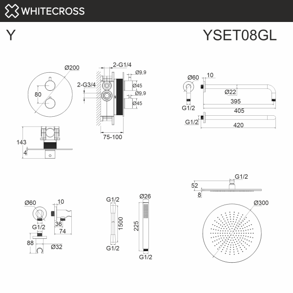 Душевой комплект с термостатом и тропическим душем WHITECROSS Y YSET08GL золото гленцевое