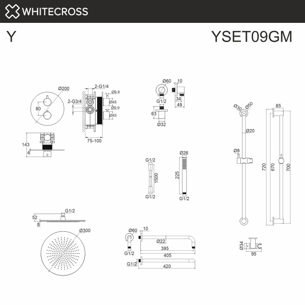 Душевой комплект с термостатом и тропическим душем WHITECROSS Y YSET09GM графит