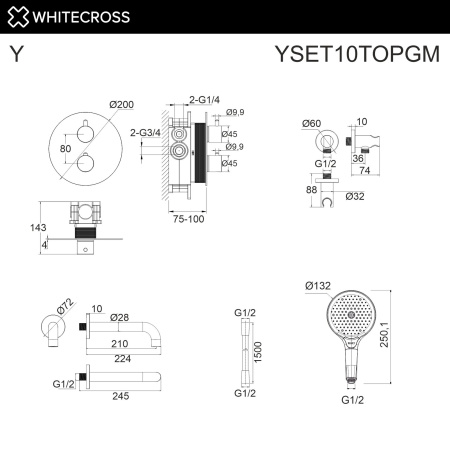 Душевой комплект с термостатом и изливом WHITECROSS Y YSET10TOPGM графит
