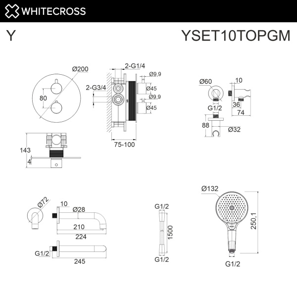 Душевой комплект с термостатом и изливом WHITECROSS Y YSET10TOPGM графит