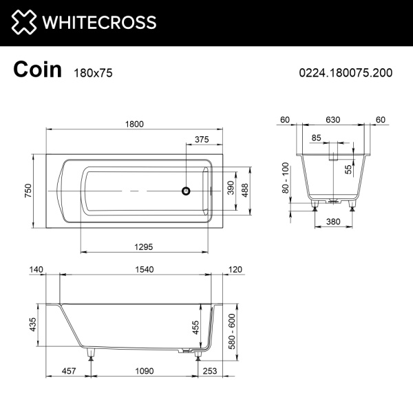 Ванна из искуственного камня WHITECROSS Coin 0224.180075.200 180х75 белый матовый