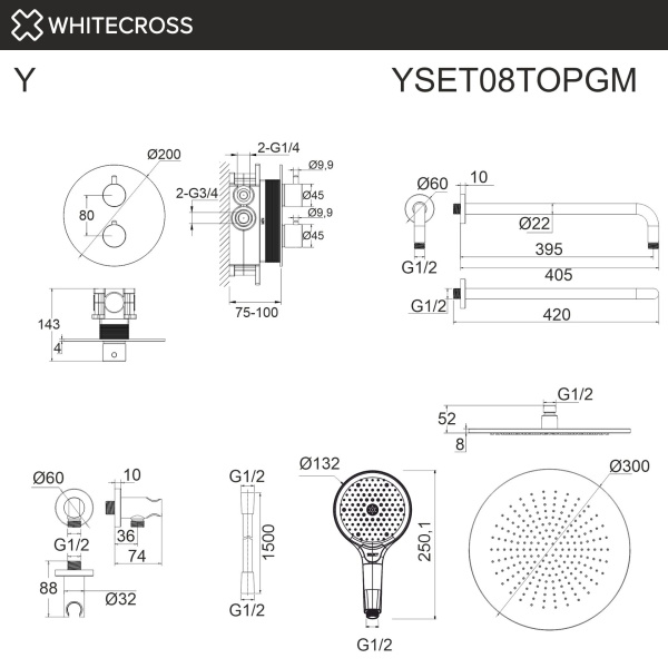 Душевой комплект с термостатом WHITECROSS Y YSET08TOPGM графит