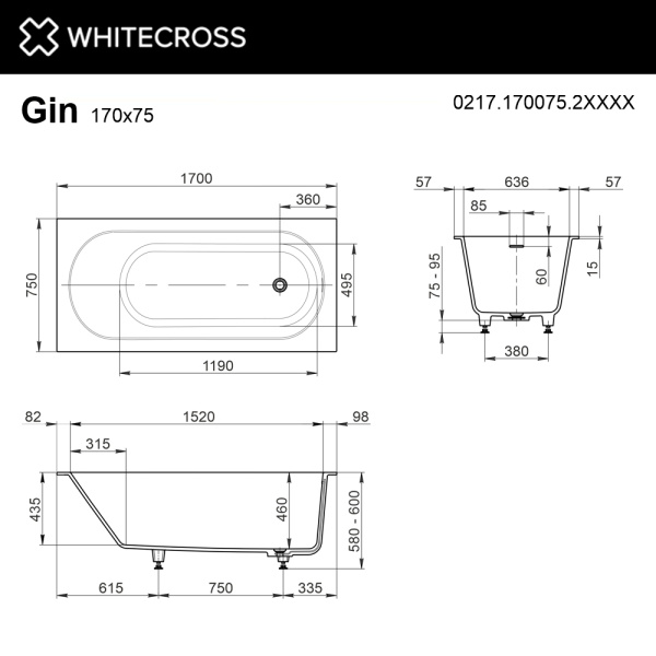 Ванна из искуственного камня WHITECROSS Gin 0217.170075.2XXXX 170х75 RAL матовый