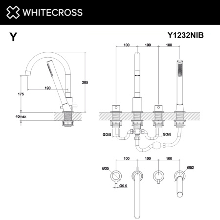 Смеситель на борт ванны на 4 отверстия WHITECROSS Y Y1232NIB никель брашированный