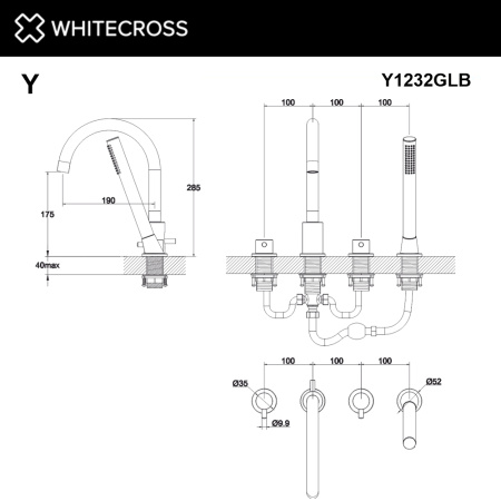 Смеситель на борт ванны на 4 отверстия WHITECROSS Y Y1232GLB золото брашированное