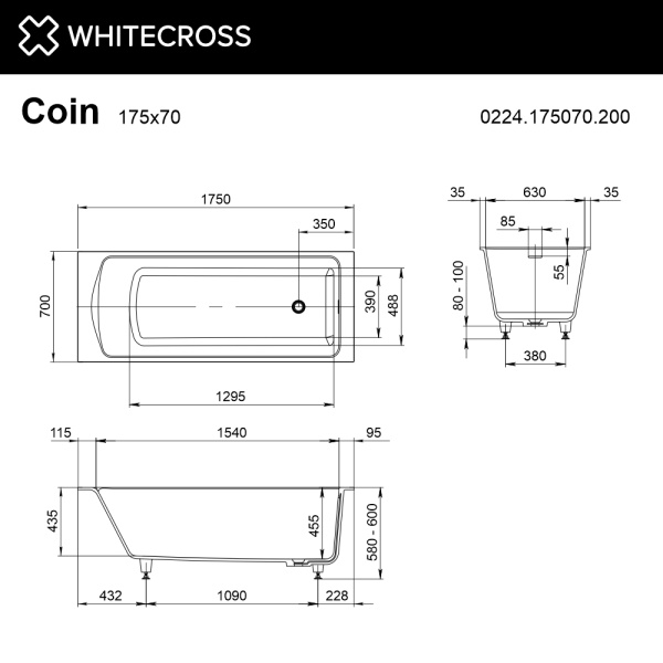 Ванна из искуственного камня WHITECROSS Coin 0224.175070.200 175х70 белый матовый