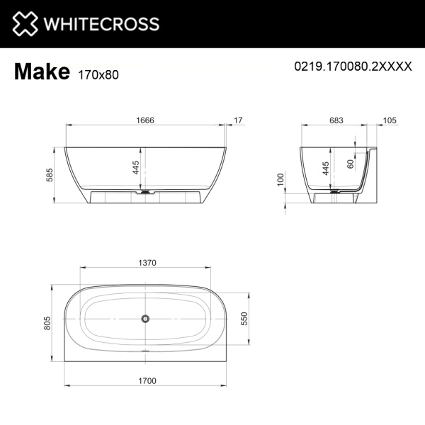 Ванна из искуственного камня WHITECROSS Make 0219.170080.2XXXX 170х80 RAL матовый