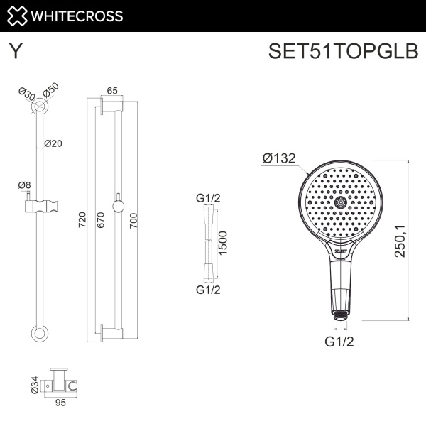 Душевой гарнитур WHITECROSS SET51TOPGLB золото брашированное