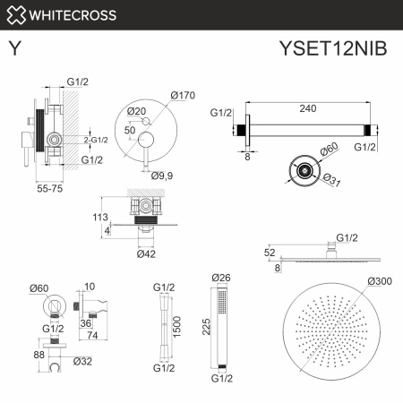 Душевой комплект с потолочным тропическим душем WHITECROSS Y YSET12NIB никель брашированный