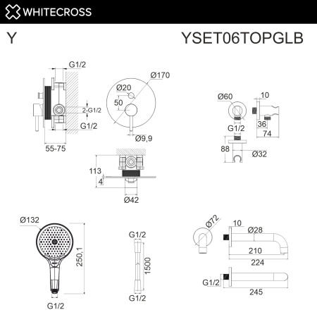 Душевой комплект с изливом WHITECROSS Y YSET06TOPGLB золото брашированное