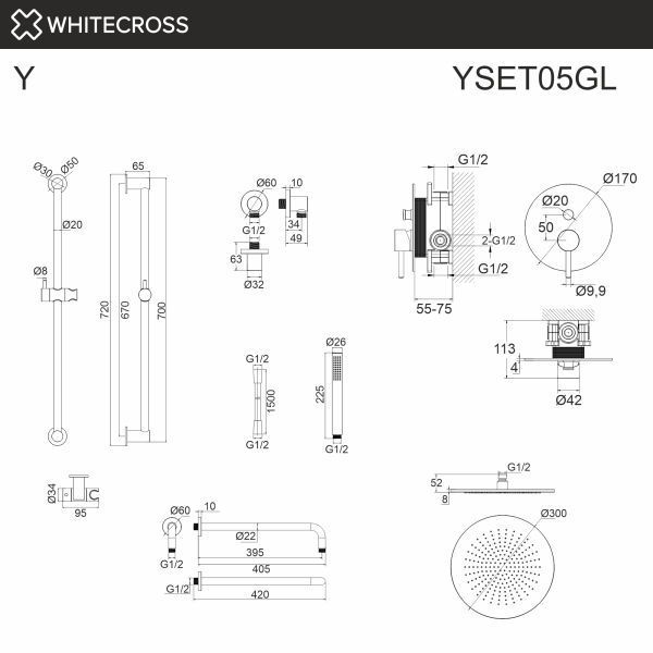 Душевой комплект с ручным и тропическим душем WHITECROSS Y YSET05GL золото гленцевое