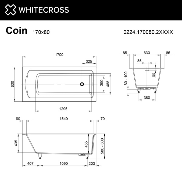 Ванна из искуственного камня WHITECROSSCoin 0224.170080.2XXXX 170х80 RAL матовый