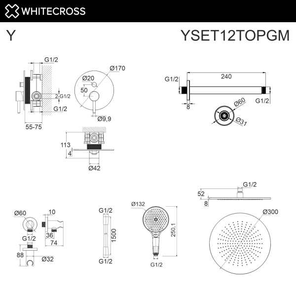 Душевой комплект с ручным и тропическим душем WHITECROSS Y YSET12TOPGM графит