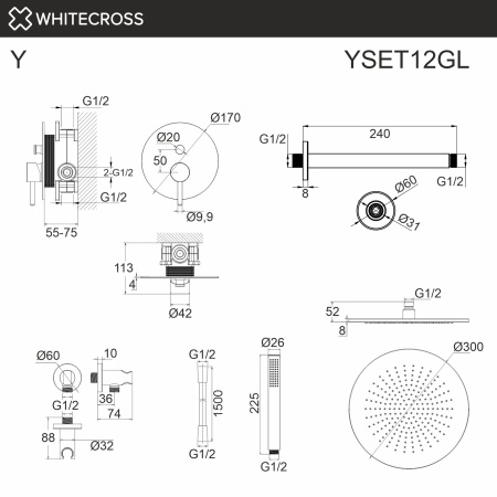Душевой комплект с потолочным тропическим душем WHITECROSS Y YSET12GL золото гленцевое