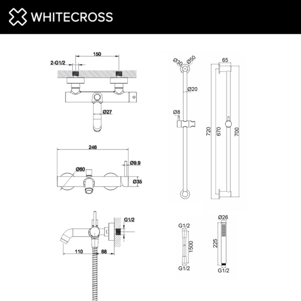 Смеситель для ванны со штангой WHITECROSS Y Y1230GLB/SHS150GLB/MICRO-GLB/Y1010GLB золото брашированное