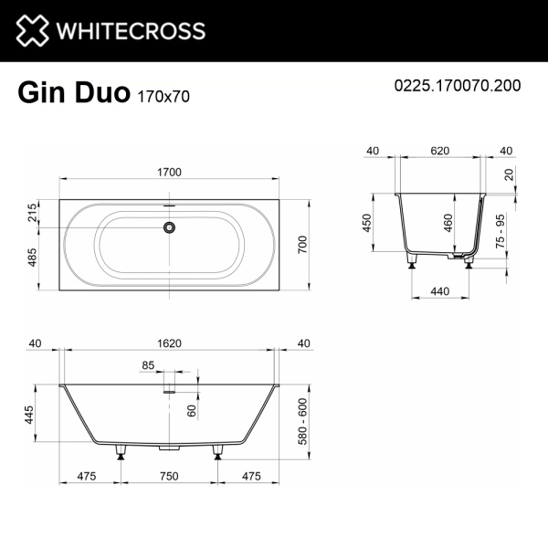 Ванна из искуственного камня WHITECROSS Gin Duo 0225.170070.200 170х70 белый матовый