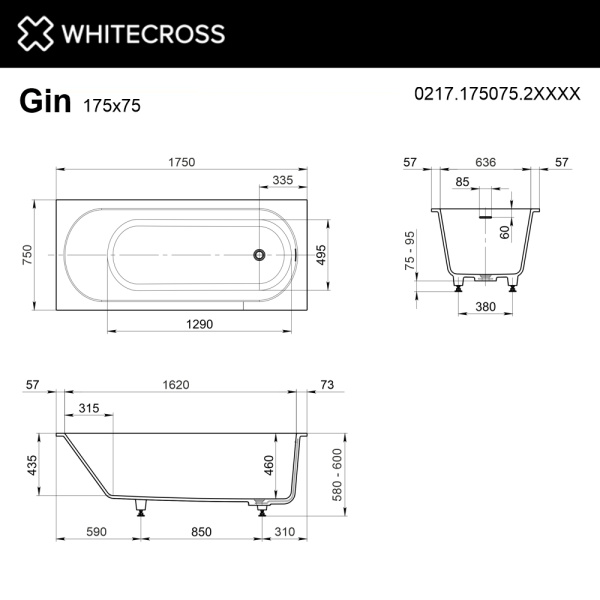 Ванна из искуственного камня WHITECROSS Gin 0217.175075.2XXXX 175х75 RAL матовый